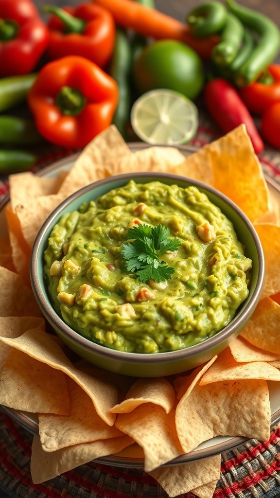 Zesty Guacamole with Fresh Cilantro Bowl of zesty guacamole with tortilla chips, garnished with cilantro and lime, on a colorful tablecloth.